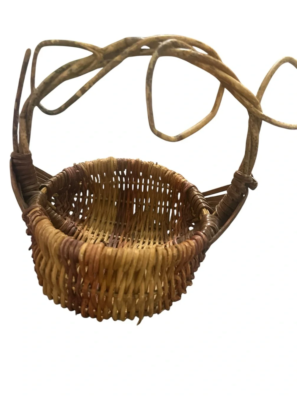 vintage French wicker foraging butt basket, a unique, twisted vine handle. 9X6X8
